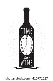 Cita tipográfica relacionada con la bebida cosecha de cosecha antigua. Vino frasco con reloj para el diseño del emblema del logo. Tarjeta imprimible de fondo blanco. Elemento de impresión de cocina retro. Tiempo para el vino