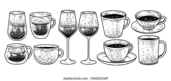 Vintage Drinks and Beverages Collection Hand drawn Sketch Elements. Cup, Glass, Mug and Wine vector Illustration
