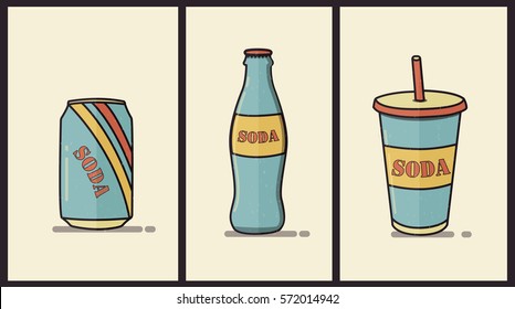 Vintage drinks. Soda can, bottle and cup. Good for poster, card or your piece of design.
