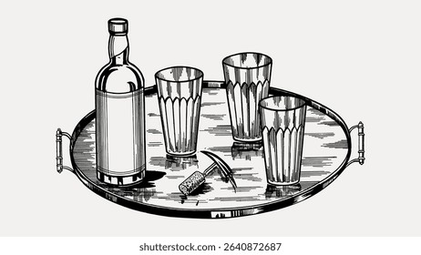 Vintage drinks tray, chromolithograph art illustration isolated on white, vector. 