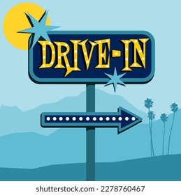 Vintage drive-in sign with arrow and palm trees