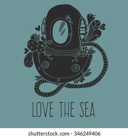 Vintage driving suit with abstract elements and flowers card. "Love the sea" vector illustration