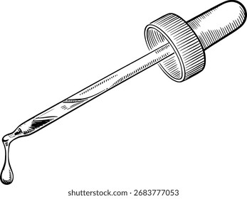 Cuentagotas de Antiguas con una gota de líquido que cae de su punta sobre un fondo blanco.