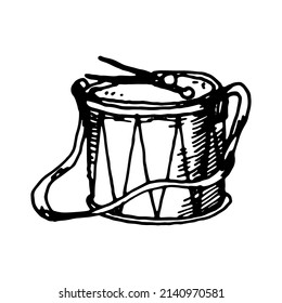 Vintage drum hand drawn illustration in engraved style. Retro isolated on white background. Design elements for greeting cards, banners, invitations.