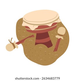 Os tambores antigos são feitos de couro genuíno na areia. Um achado arqueológico. Valor histórico. para a concepção de livros, artigos, cartazes sobre os temas de arqueologia, a história do passado, escavações