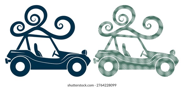 Vintage dune buggy, stylized car, abstract wavy swirls, outdoor transport