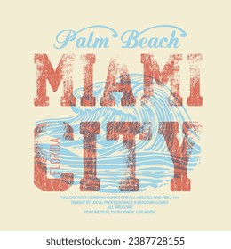 Vintage Dusty Crack text print for Miami city, palm beach and big waves under the text , made this art for tee, sweatshirt, tops 