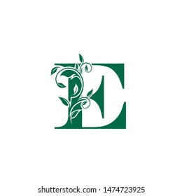 Vintage E Letter Luxury Logo. Letter E With Green Floral Shape design perfect for fashion, Jewelry, Beauty Salon, Hotel Logo. Cosmetics, Spa Logo. Resort and Restaurant Logo. 