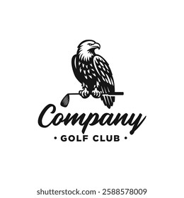 Vintage Eagle Falcon Hawk Perch On Golf Stick For Golf club Tournament Logo Design