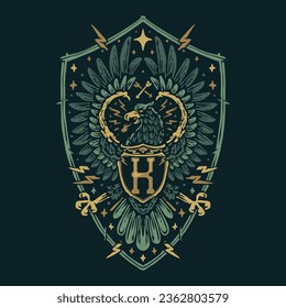 Vintage eagle medal badge hand drawn illustration