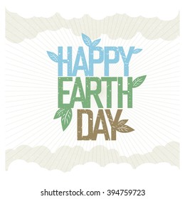 Vintage Earth Day Poster. Rays, leaves, clouds, sky. On old paper texture. Grunge layers easily edited.