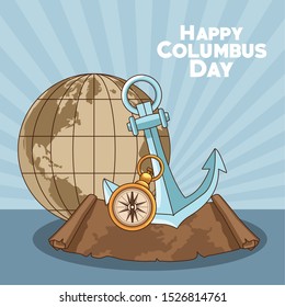 vintage earth globe with anchor and compass over blue background. Happy Columbus day colorful design, vector illustration