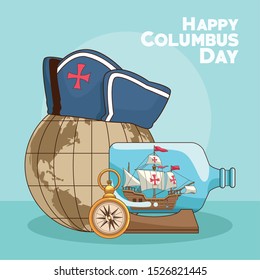 vintage earth globe and bottle with sailing ship over blue background. Happy Columbus day colorful design, vector illustration