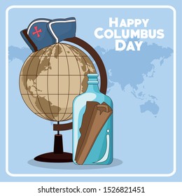 vintage earth globe with capitain hat and mail in a bottle over blue background. Happy Columbus day colorful design, vector illustration