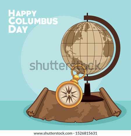 vintage earth globe and compass over blue background. Happy Columbus day colorful design, vector illustration