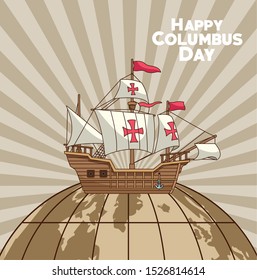 vintage earth globe and sailing ship over striped brown background. Happy Columbus day colorful design, vector illustration