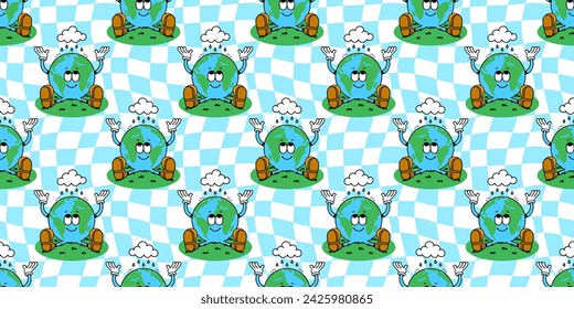 Vintage earth planet cartoon character seamless pattern. Trendy retro nature environment mascot background. Eco friendly wallpaper print texture in 70s comic art style.