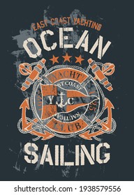 Vintage East Coast Yachting Ocean Sailing Grunge Vector Print For Boy T Shirt
