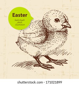 Vintage Easter background with hand drawn sketch illustration and sticker