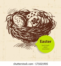 Vintage Easter background with hand drawn sketch illustration and sticker