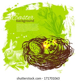 Vintage Easter background with hand drawn sketch illustrations 