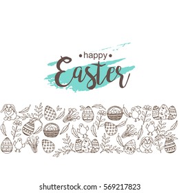Vintage Easter background with hand-drawn symbols. Lettering, sketch. Vector