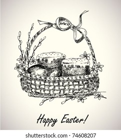 vintage easter basket - hand drawn illustration