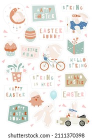 Vintage Easter Baunny Sticker set, hand cut lines. Spring clipart, egg, Easter quotes. Vector illustration. Isolated on white background