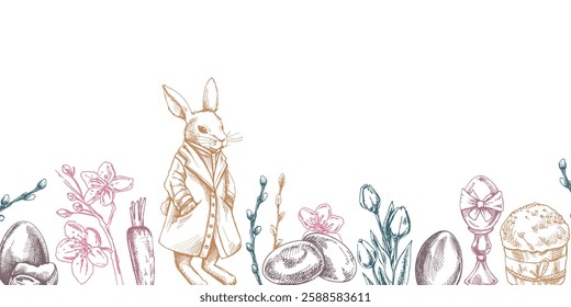 Vintage Easter border with elegant rabbit, spring flowers, and festive elements

