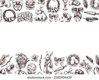 Vintage Easter Border Illustration with Hand-Drawn Elements in Monochrome Brown
