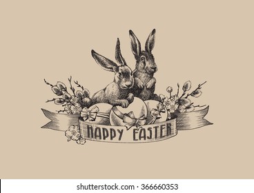 Vintage easter bunnies with eggs and willow branches. Vector illustration