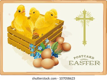 Tarjeta de Pascua Vintage con huevo y pollitos. Ilustración vectorial detallada. Resumen Elegancia de fondo.