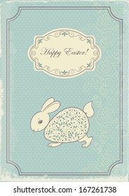 Vintage Easter card with a rabbit in the form of eggs on blue. Vector background.