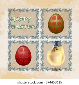 Vintage Easter Card With Small Chicken. Yellow Chicken in Hat. Abstract background. Happy Easter. Vector Illustration
