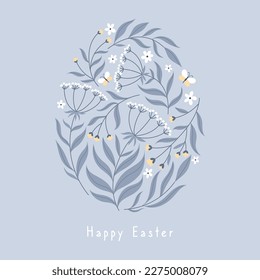 Vintage Easter card with spring flowers and butterflies in oval template.