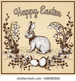 Vintage Easter card with spring flowers, eggs and rabbit