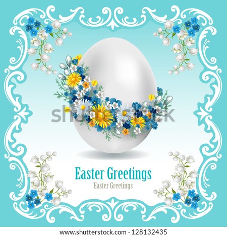 Vintage Easter card with spring flowers and egg