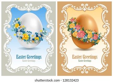 Tarjetas de Pascua Vintage con flores de primavera y huevo