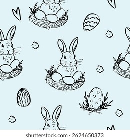 Vintage Easter coquette bunny pattern. Traditional monochrome graphic. Nostalgic cottage holiday background