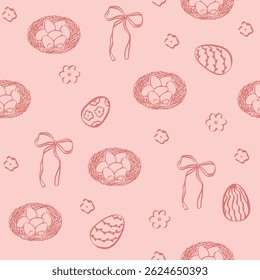 Vintage Easter coquette bunny pattern. Traditional monochrome graphic. Nostalgic cottage holiday background