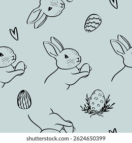 Vintage Easter coquette bunny pattern. Traditional monochrome graphic. Nostalgic cottage holiday background
