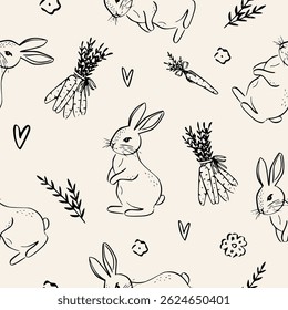 Vintage Easter coquette bunny pattern. Traditional monochrome graphic. Nostalgic cottage holiday background