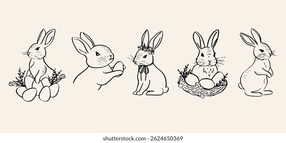 Vintage Easter coquette bunny. Traditional monochrome graphic. Nostalgic cottage holiday graphic