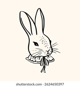Vintage Easter coquette bunny. Traditional monochrome graphic. Nostalgic cottage holiday graphic