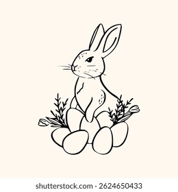 Vintage Easter coquette bunny. Traditional monochrome graphic. Nostalgic cottage holiday graphic