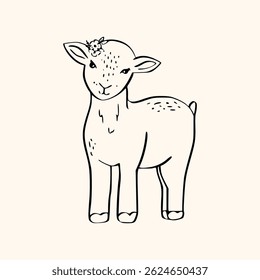 Vintage Easter coquette lamb. Traditional monochrome graphic. Nostalgic cottage holiday graphic
