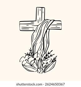 Vintage Easter cross with a bouquet of lilies. Traditional monochrome graphic. Nostalgic cottage holiday graphic
