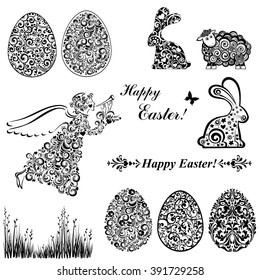 Vintage Easter Decoration set - lots of calligraphic elements, bits and pieces to embellish your holiday layouts. Collection of design elements isolated on White background. Vector illustration