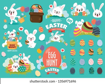 Vintage Easter Egg poster design with vector Easter bunny character.