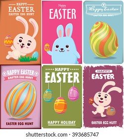 Vintage Easter Egg poster design set with Easter bunny